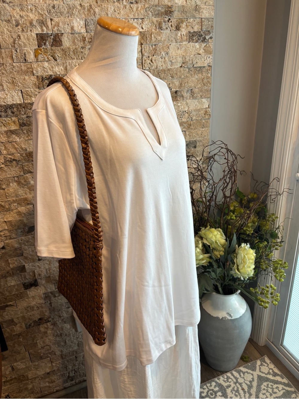 Lands' End White Short-Sleeve Split V-Neck Tee